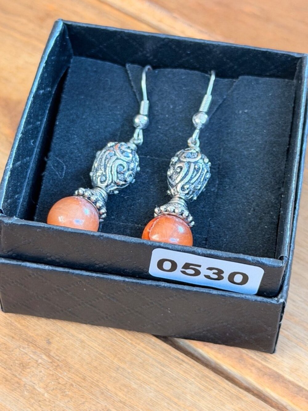 Vintage-Style Silver Tone & Orange Bead Dangle Earrings In Gift Box